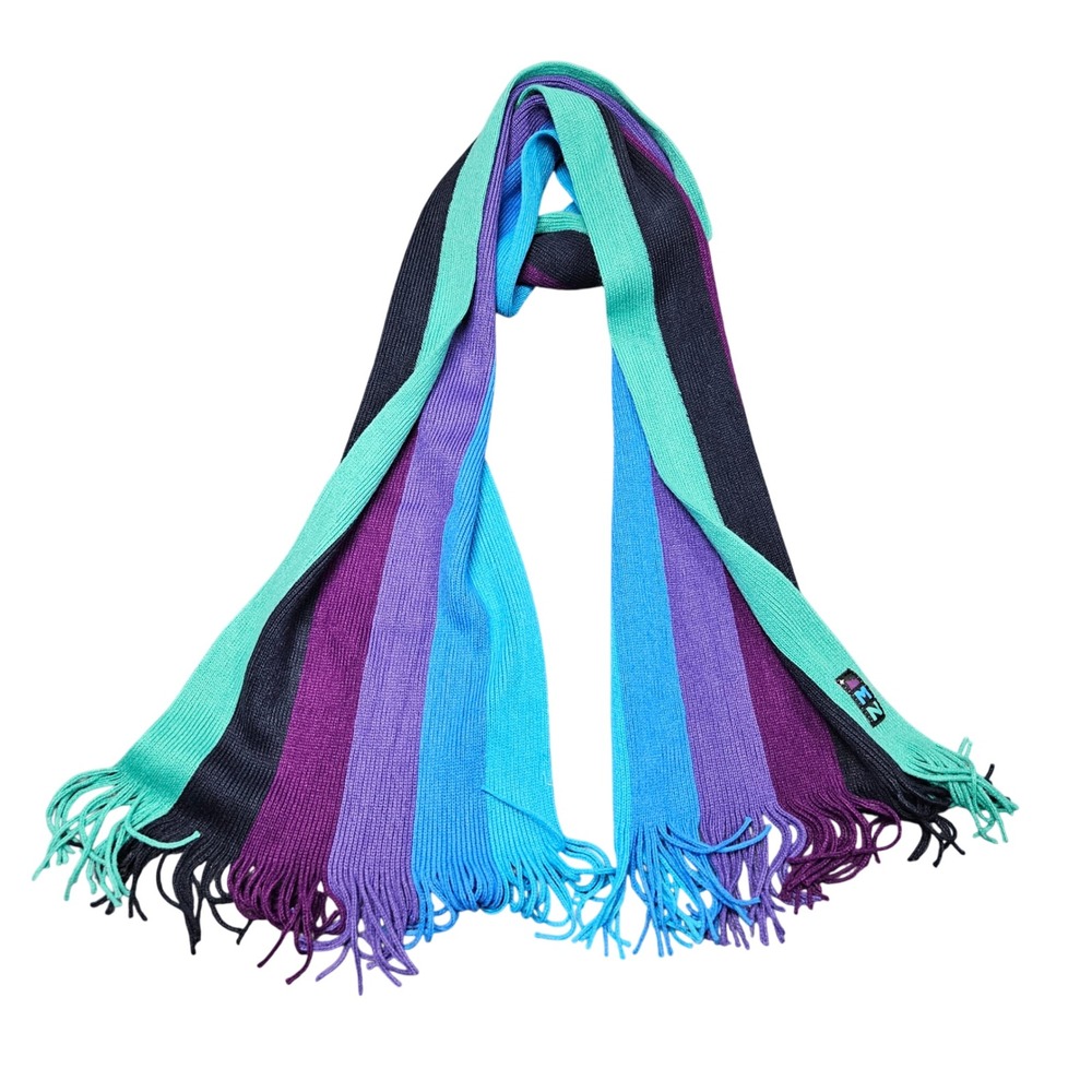 MZ Knit Scarf Teal Purple Blue Striped Fringe Colorblock Statement Retro Y2K